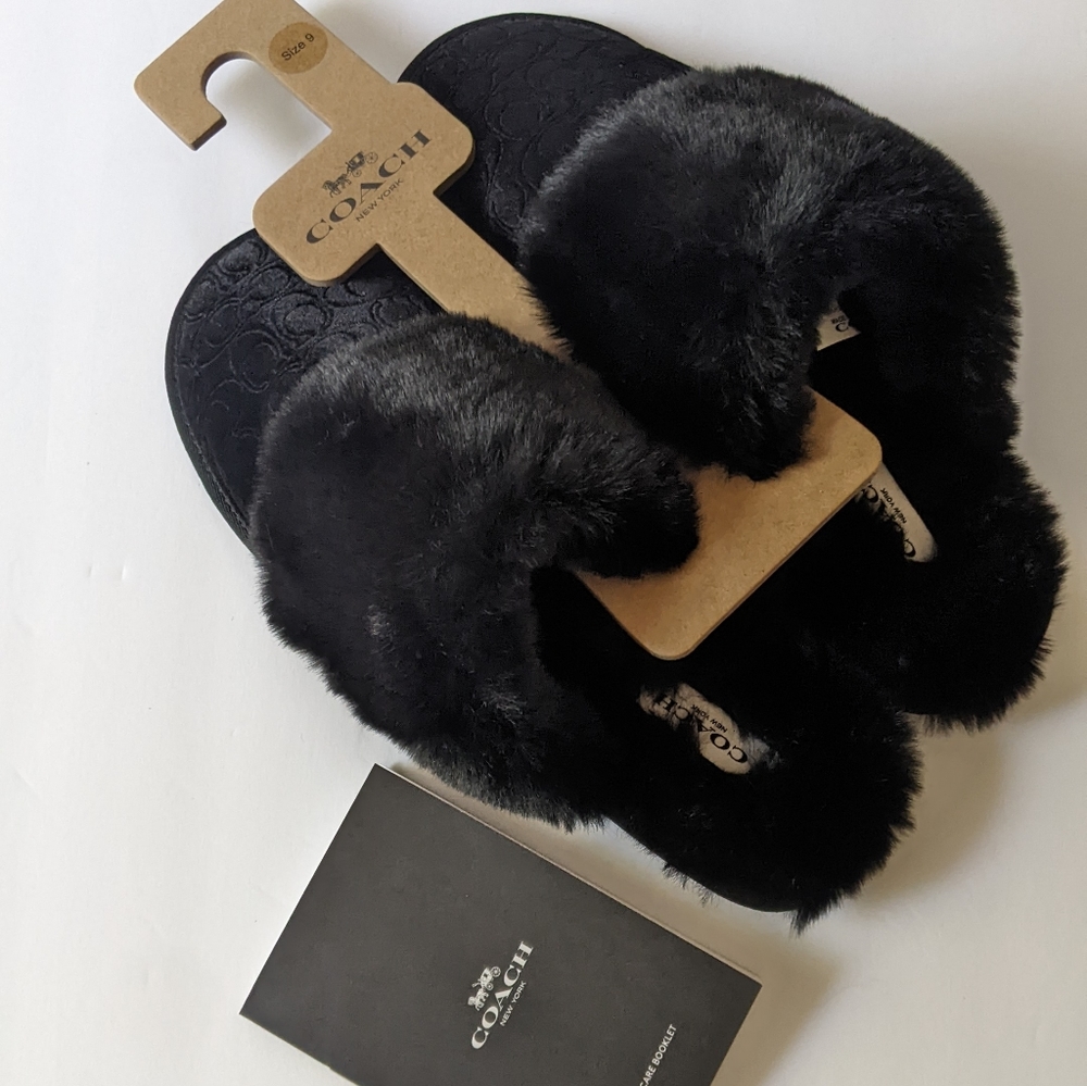 Black COACH faux fur slippers size 9